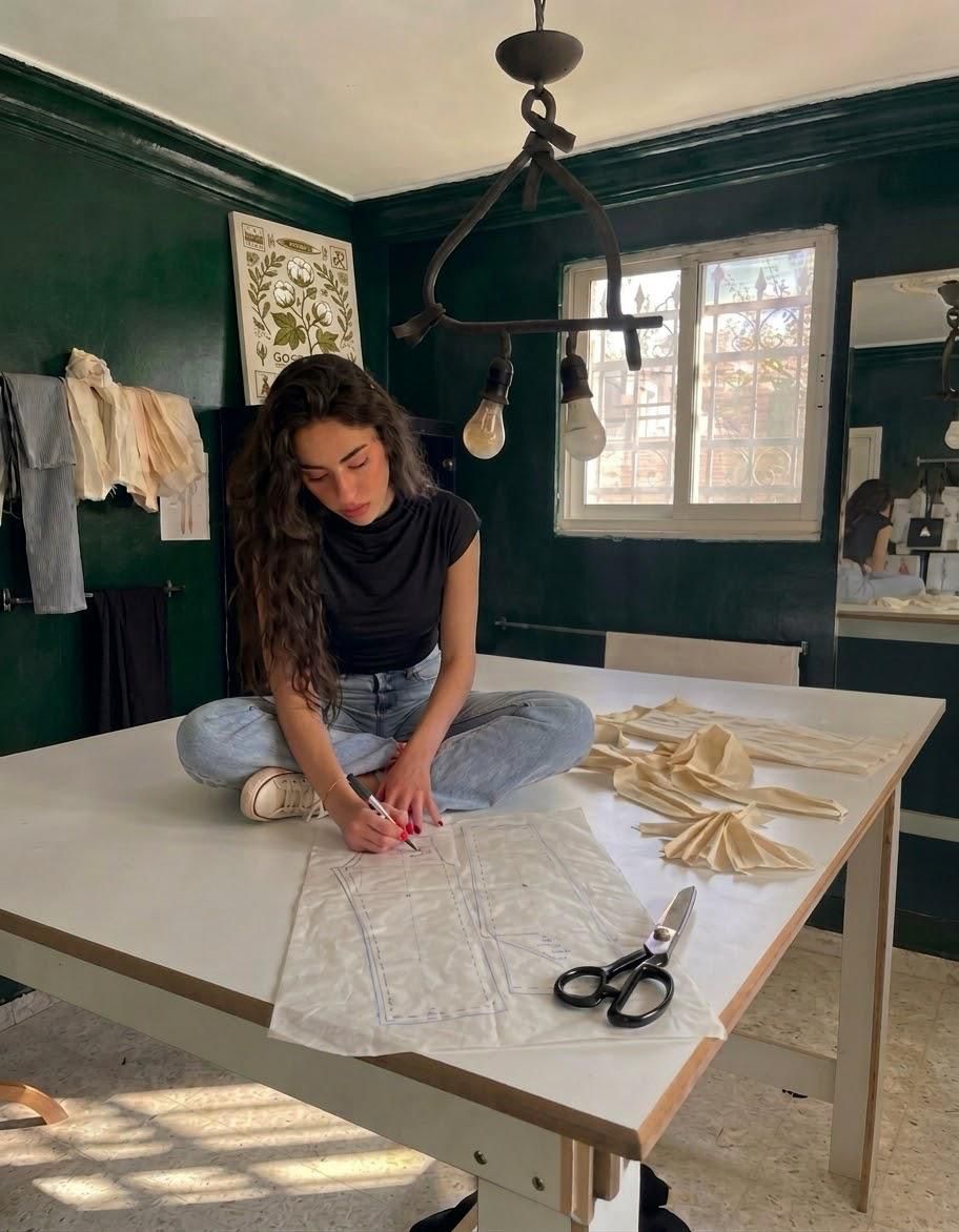 Founder drafting a pattern on the cutting table in the atelier.